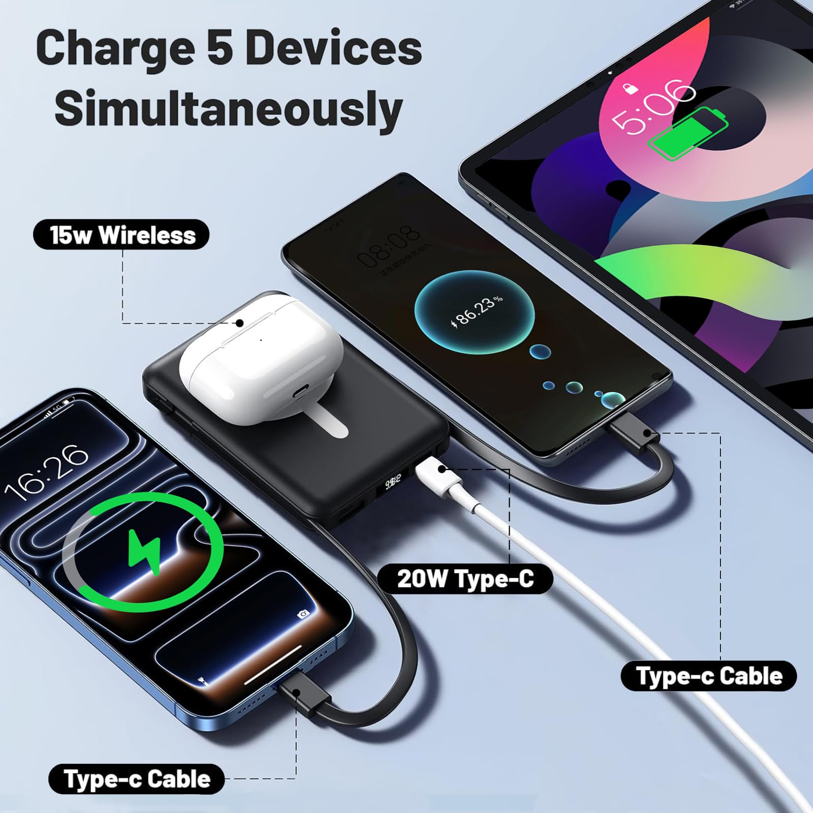 Azmuth for MagSafe Portable Charger, 10000mAh Magnetic Power Bank with 20W PD USB-C Fast Charging LED Display for MagSafe Battery Pack, Magnetic Travel Charger for iPhone 17/16/15/14/13/12 Series - 5