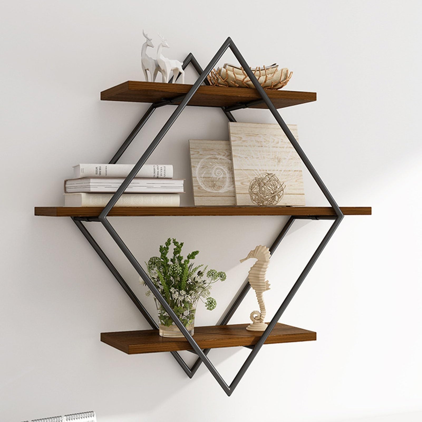 3 Tier Wood Floating Shelves Wall Mounted Rustic Farmhouse Style Industrial Geometry Heavy Duty Hanging Floating Shelf for Bedroom, Storage, Kitchen, Living Room ( Color : Black walnut , Size : 80cm )