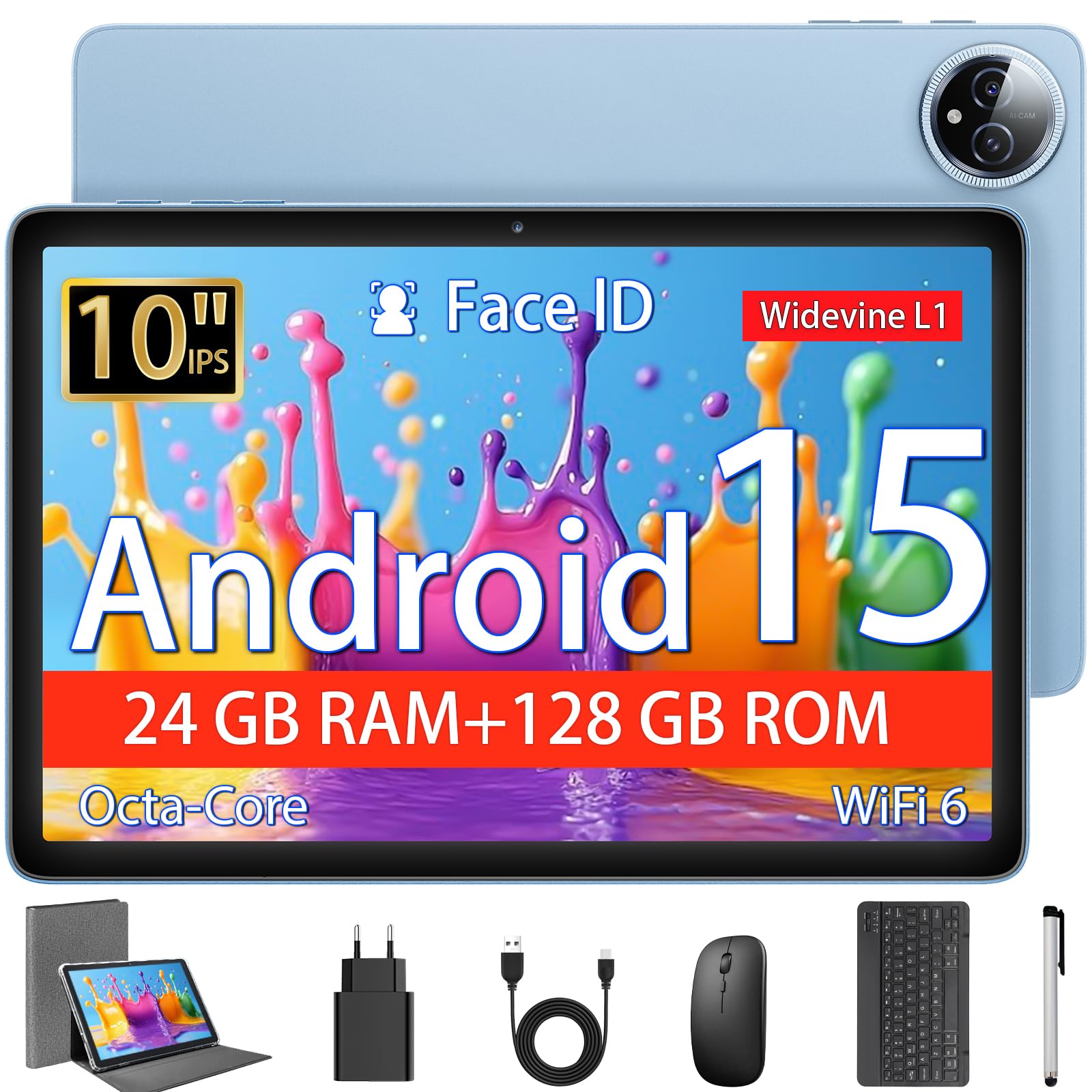 Tablet 10 Pollici, Tablet Android 15 con Custodia, Mouse & Tastiera, Octa-Core, 24 GB RAM + 128 GB ROM+ 1 TB TF, Display IPS HD 1280 x 800, Doppia Fotocamera, 6000mAh, WiFi 6, Widevine L1, GPS, Blu