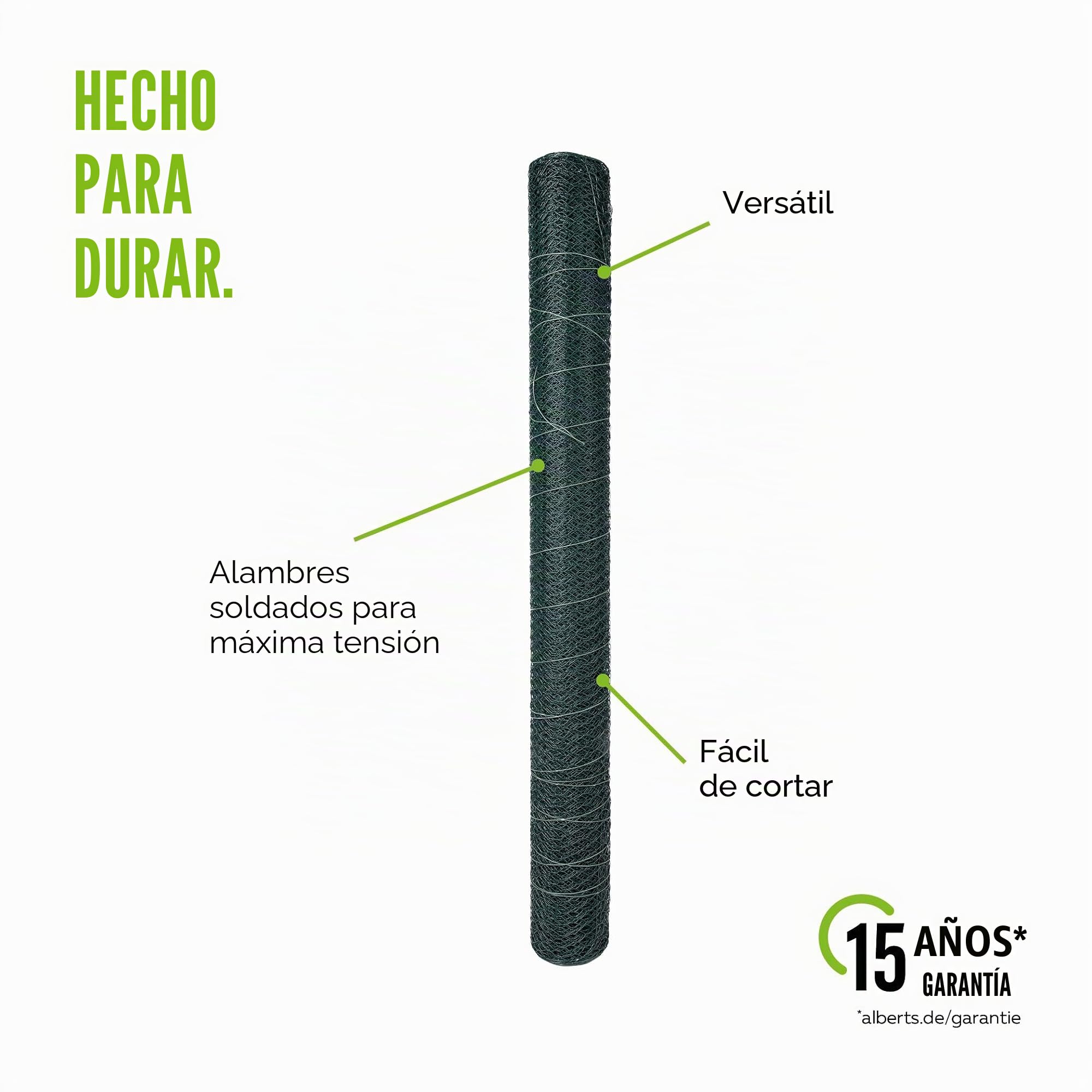 Alberts 614249 Tela metálica de malla hexagonal, Distintas longitudes y alturas - disponible en diferentes colores, Verde, Mallas 25 x 25 mm, Altura 100 cm, Longitud 10 m