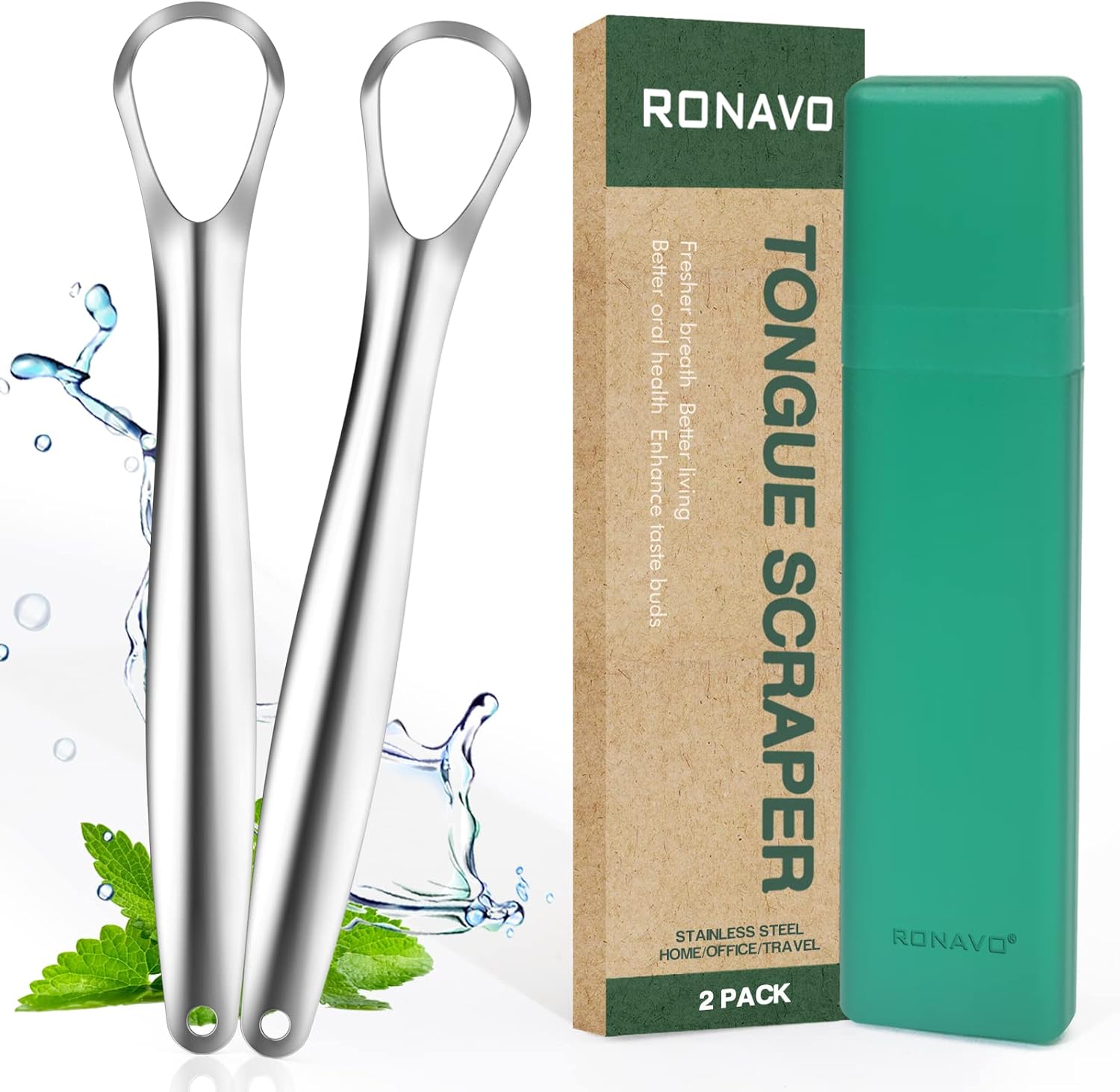 RONAVO Tongue Scraper for Small Mouth(2 Pack) with Travel Cases for