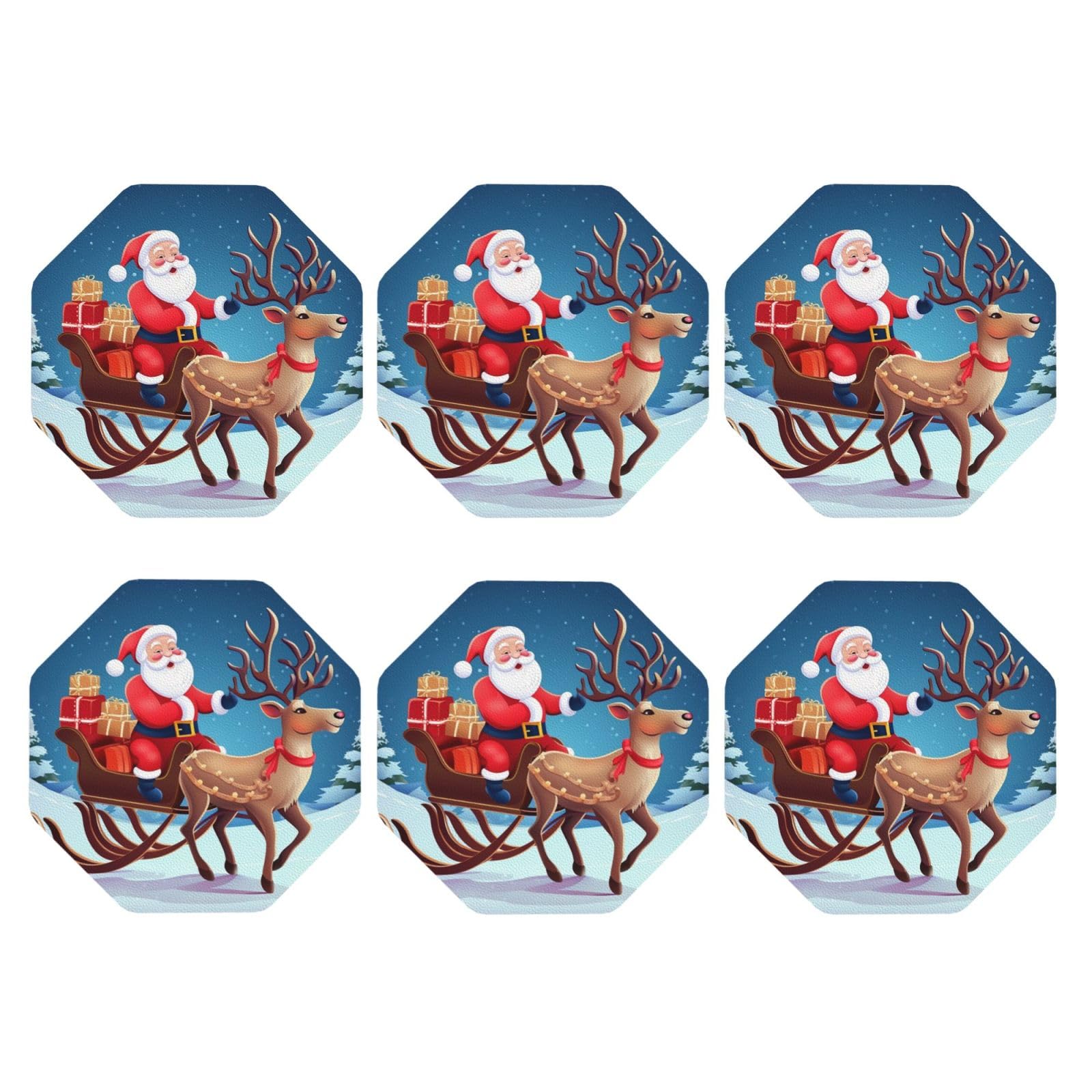 6pcs Leather Coasters for Drinks, Christmas Santa Deer Drink Coasters for Tabletop Protection, 4" Cup Coasters for Coffee Table Decor, Non-Slip Drinking Cup Mat for Hot Or Cold Drink