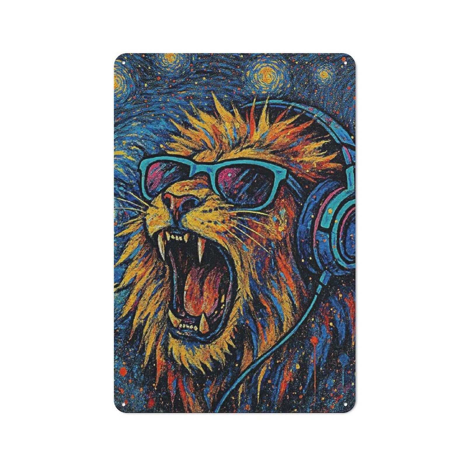 Junmoney Style-8 Retro Lion With Headphones And Sunglasses Art Metal Gift Sign 30X20cm, Home Wall Decor For Flat, Dorm Room, Lounge Or Cafe
