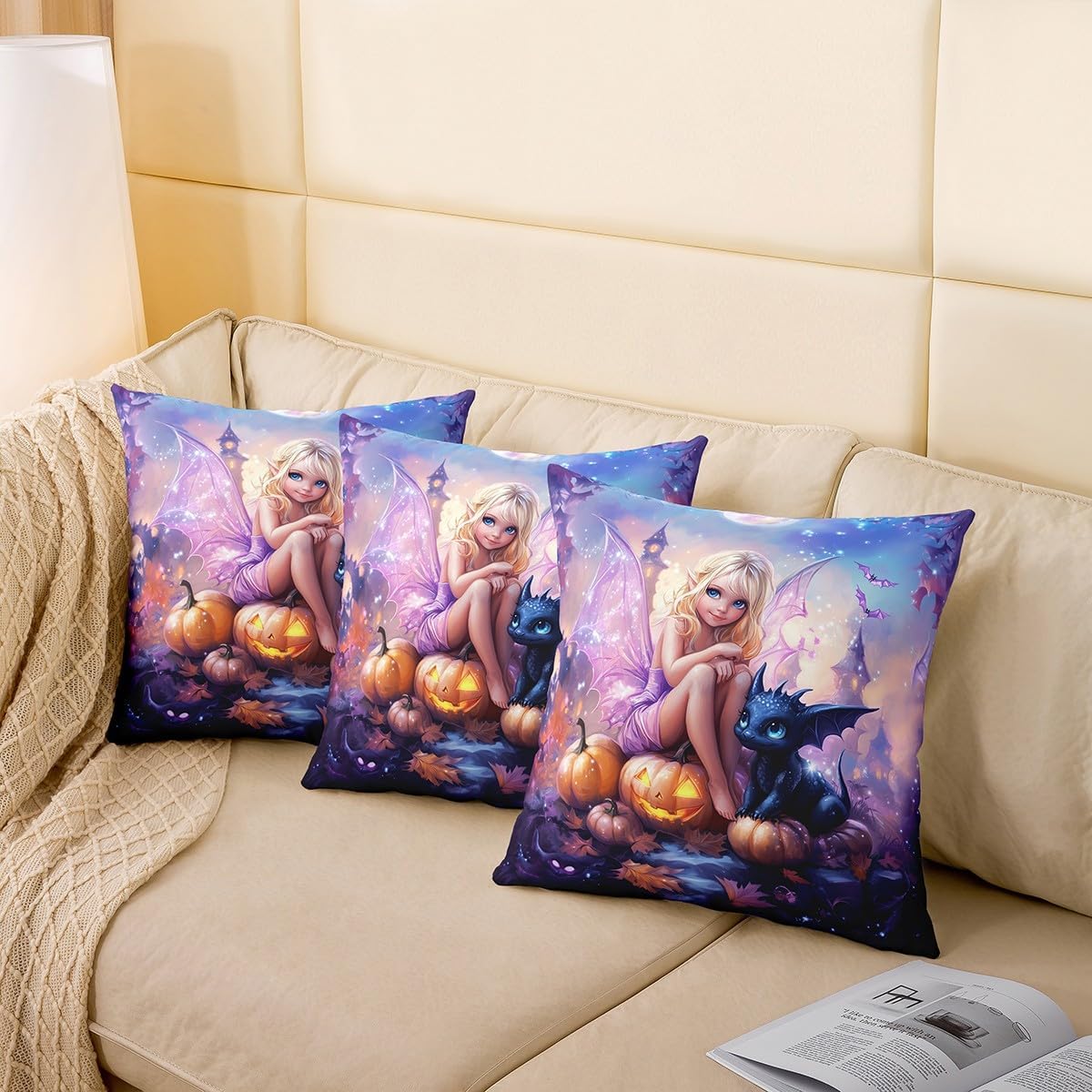 Kawaii Spirit Pillow Covers Halloween Dragon Pillow Cases Funny Pumpkin Lantern Cushion Cover for Living Room Dreamy Castle Pillowcase 20x20 Inch,Set of 2 image 4