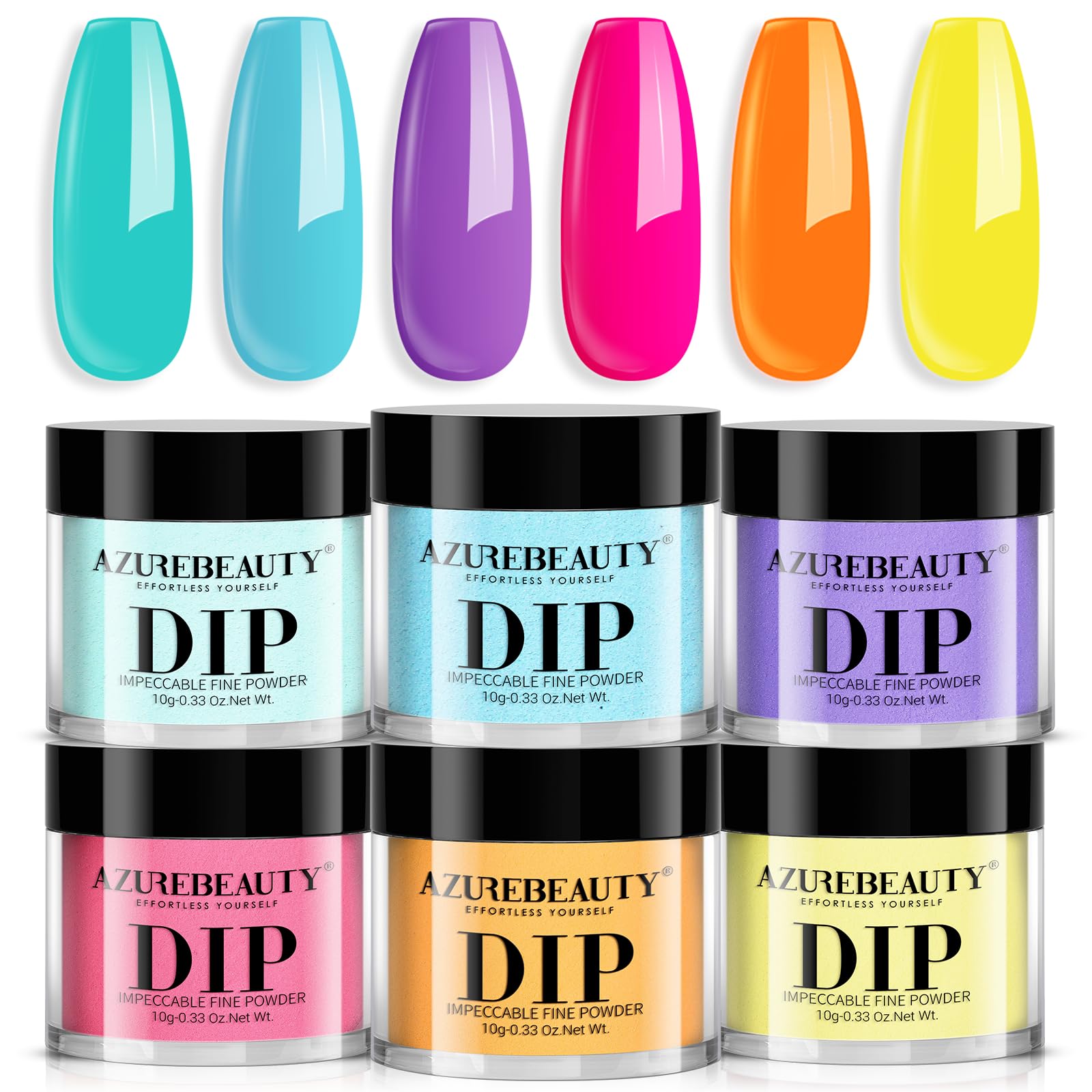 AZUREBEAUTY Bright Summer Dip Powder Nail Set, 6 Colors Pink Blue Purple Yellow Orange Dipping Powder Nail Starter Kit French Art Manicure DIY Mother's Gift for Women, No Need Nail Lamp Cured