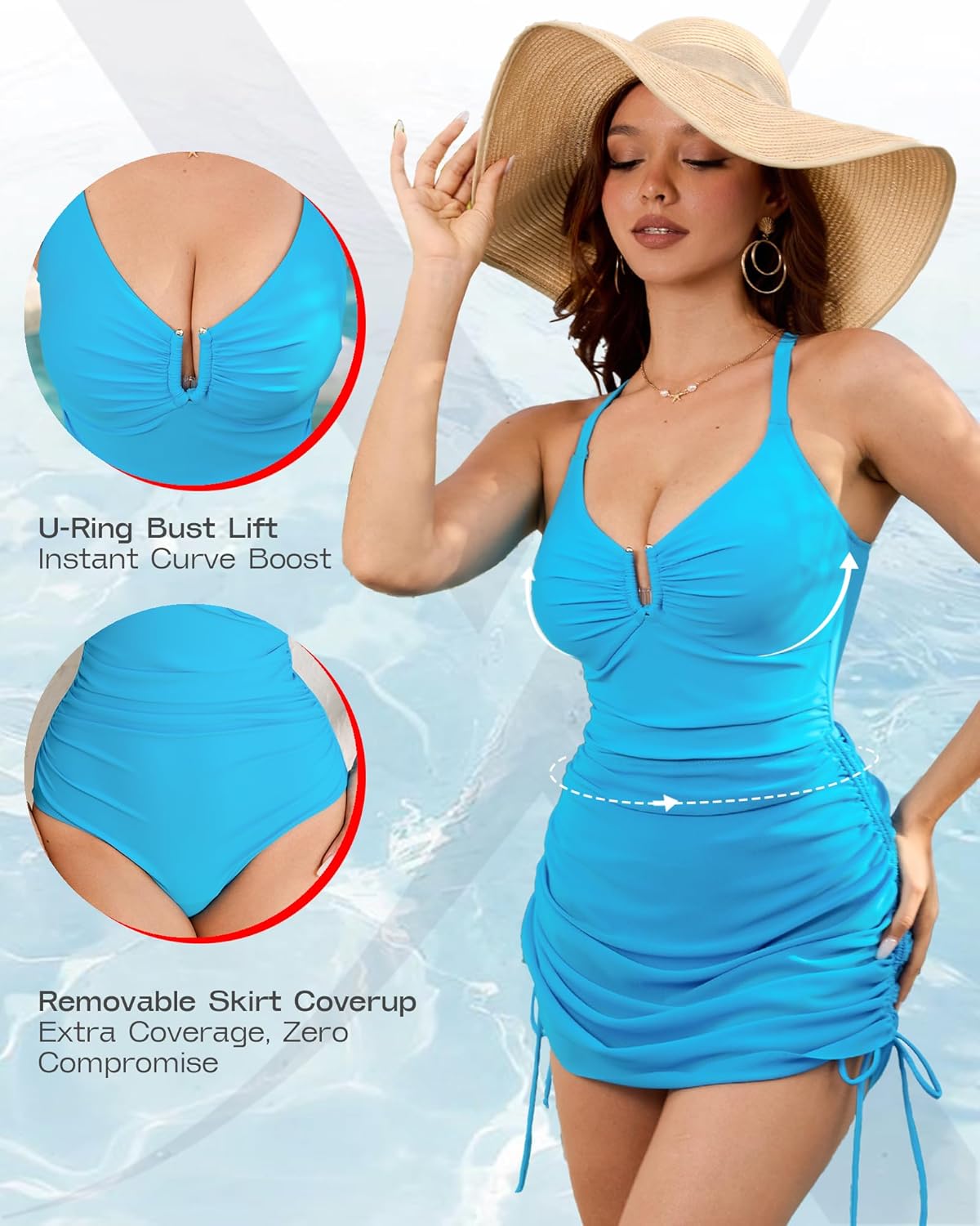 Womens Swimsuits Tummy Control Bathing Suit Slimming One Piece U-Ring Body Shaping Swimwear with Skirt Coverup