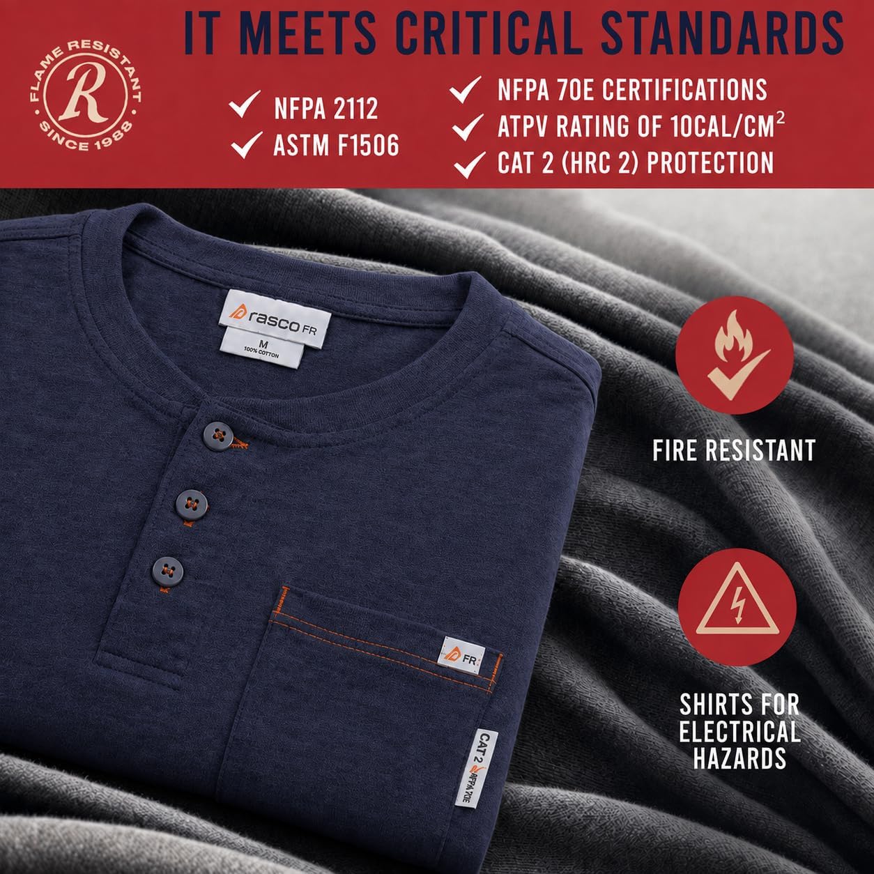 Rasco Flame Resistant Henley T-Shirt, Lightweight FR Shirts for Men