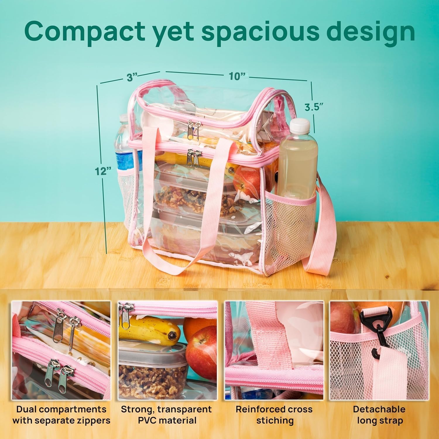 Transparent Lunch bag, stadium-approved, Heavy Duty, Large Lunch Tote for Men and women, Leakproof and Reusable (Light Pink)