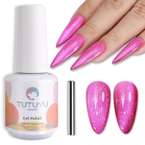 Pink Cat Eye Gel Nail Polish,Iridescent Quicksand Galaxy Holographic Pink