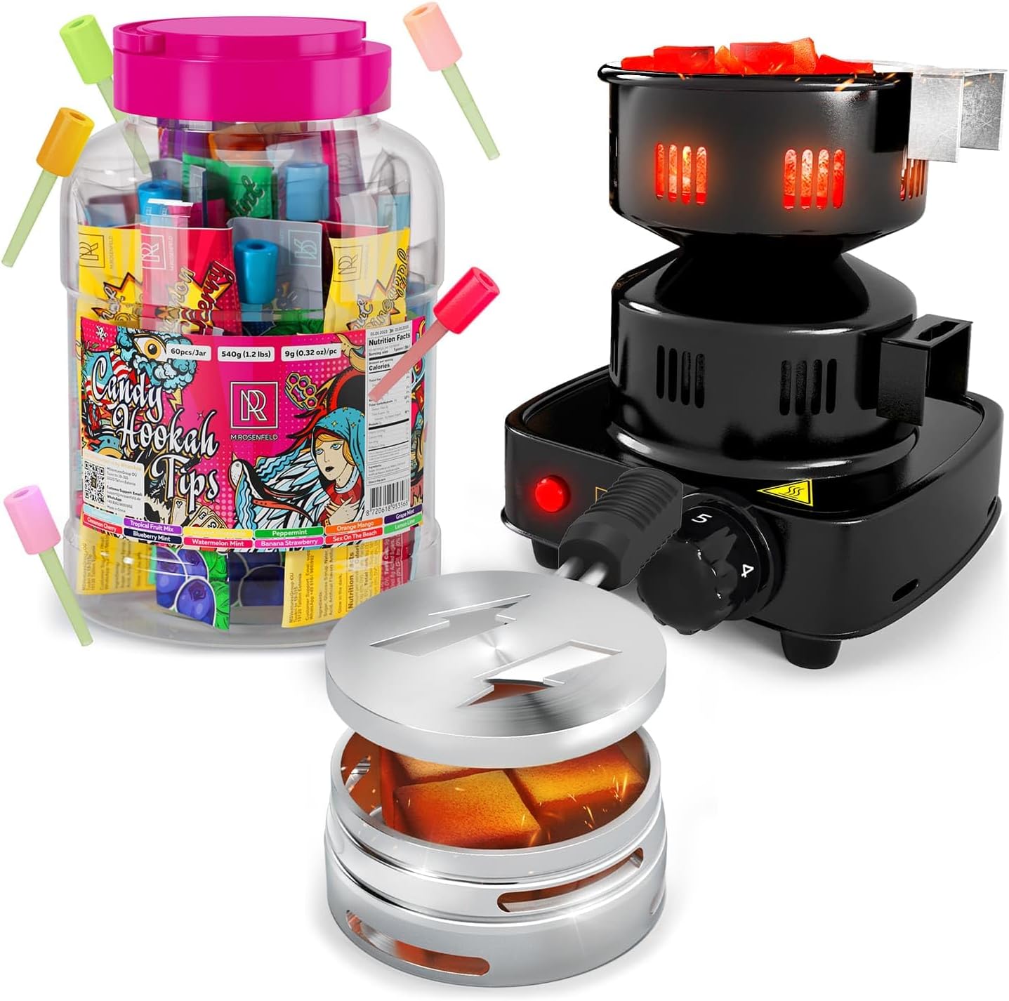 Hookah Coal Holder - Hookah Charcoal Holder – Hookah Heat Management System - Candy Hookah Tips - 60 pcs Glow in The Dark Jolly Tips - Individually Wrapped Hookah Tips - PRO Hookah Coal Burner