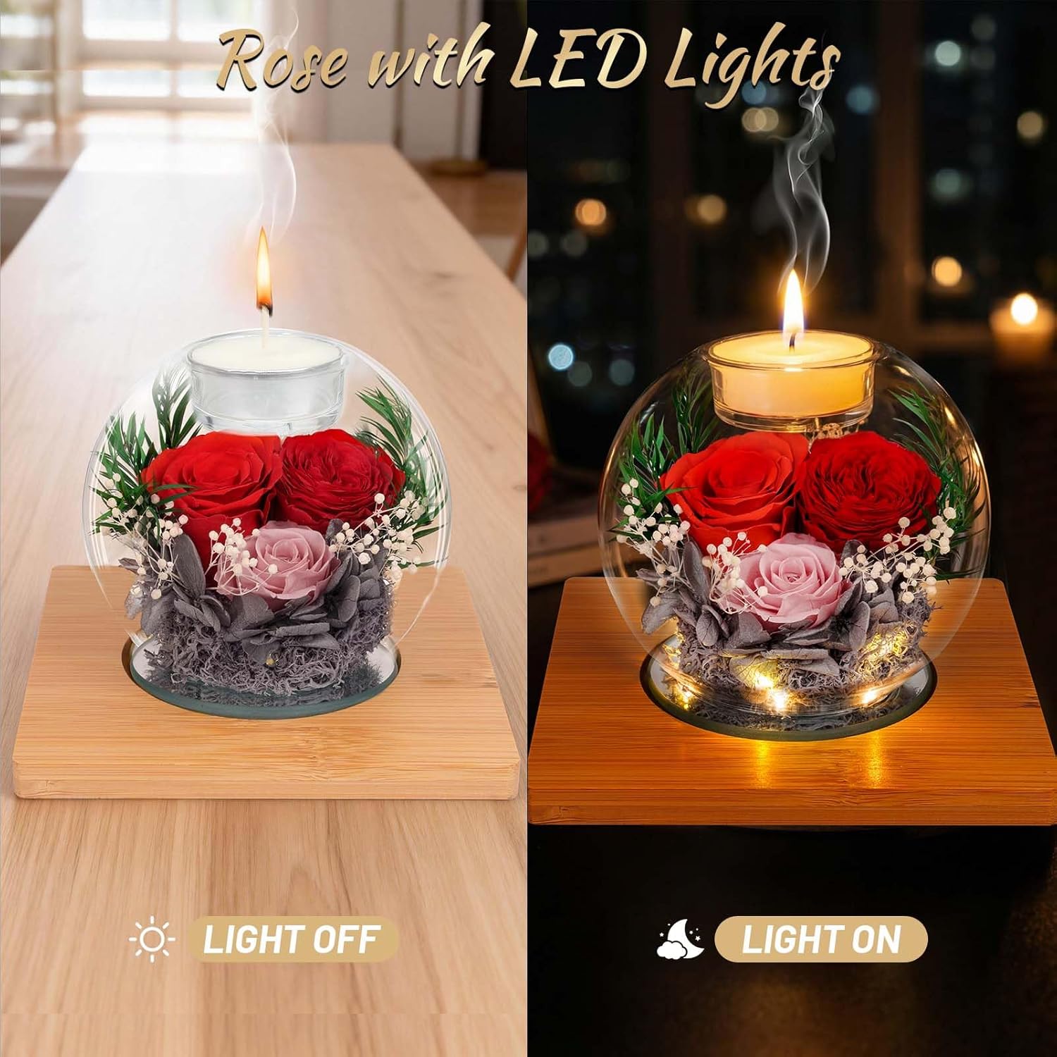Preserved Red Real Rose in Glass with Scented Candles–Forever Flower Romantic Anniversary Mothers Day Christmas Birthday Valentines Day Gifts for Her, Women, Wife, Girlfriend, Mom, Grandma