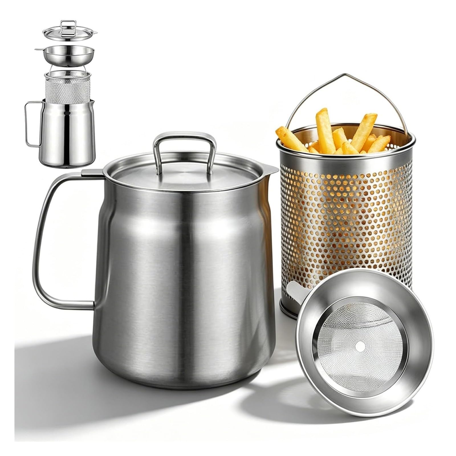 Generisch Olla de Filtro de Aceite de Acero Inoxidable con Cesta for freidora, contenedor de Grasa de Tocino for Cocina, Camping, Cocina(2L)