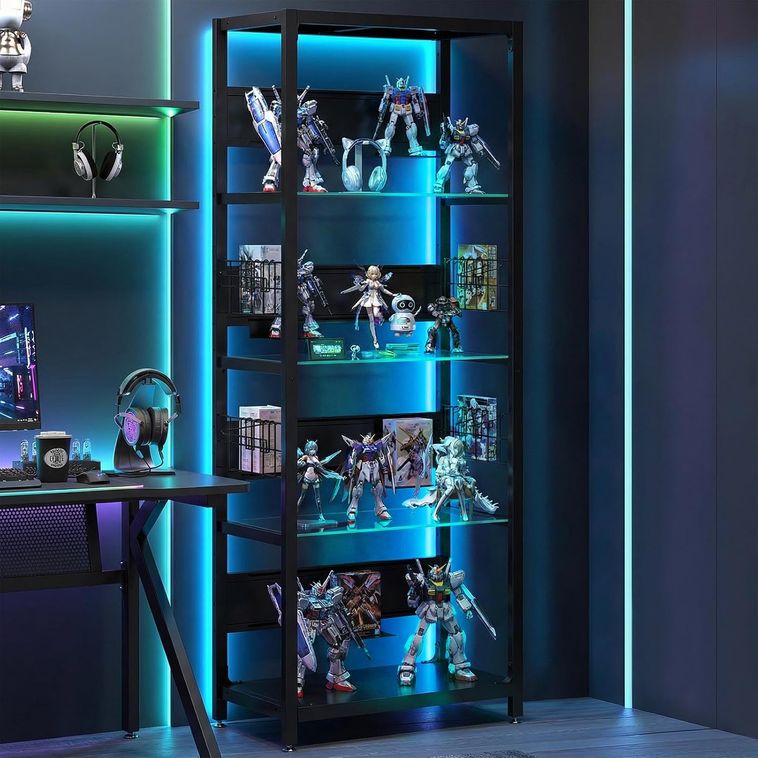 4-Tier Glass Display Shelf with RGB Lights, Storage Box & Hooks