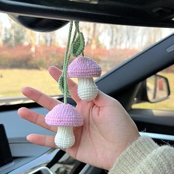 Crochet Pink Mushroom Car Accessories, Handmade Knitted Car Rear View Mirror Hanging Accessories for Women Girls Gifts