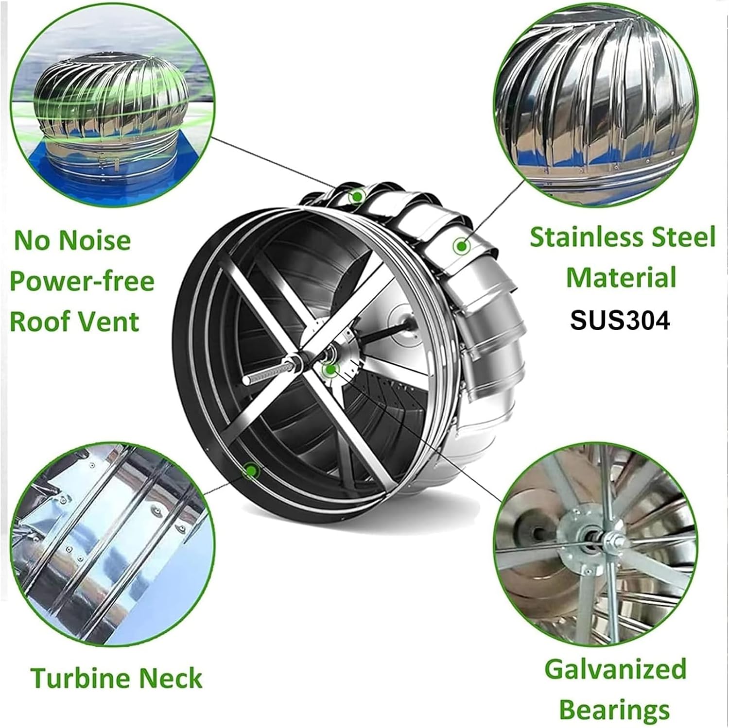 Roof Wind,Stainless Steel Turbine Ventilator Vents Rotating Chimney Cap Houses Factory Attic Farm Turbines Vents Roof Wind Turbines Cap Round Galvanized Turbines Attic Air Vent Ventilating F