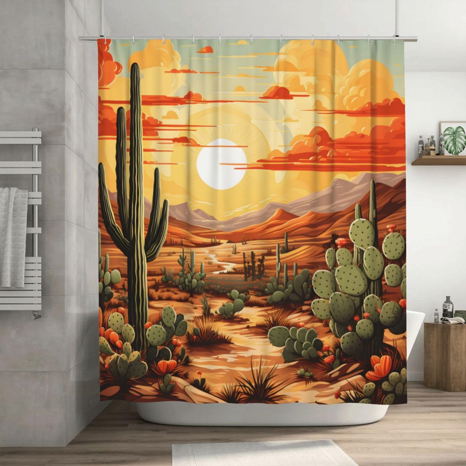 Mexpekil Desert Cactus Sunset Shower Curtain Waterproof Mould Resistant Shower Curtains Washable Bathroom Curtains with 12 Plastic Hooks 183 x 183 cm (72x 72 Inch)