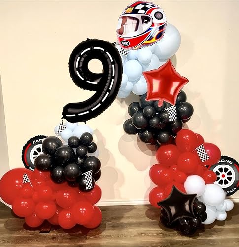 Miniatura 3 de Globo de auto de carreras número 9, globo grande de Mylar Road 9 de 40 pulgadas para niños, decoraciones rápidas de 9 cumpleaños, ruedas de