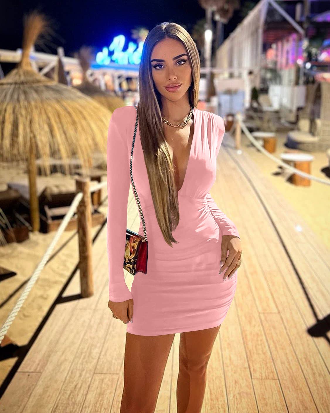 GOBLES Women's Sexy Long Sleeve V Neck Ruched Bodycon Mini Party Cocktail Dress