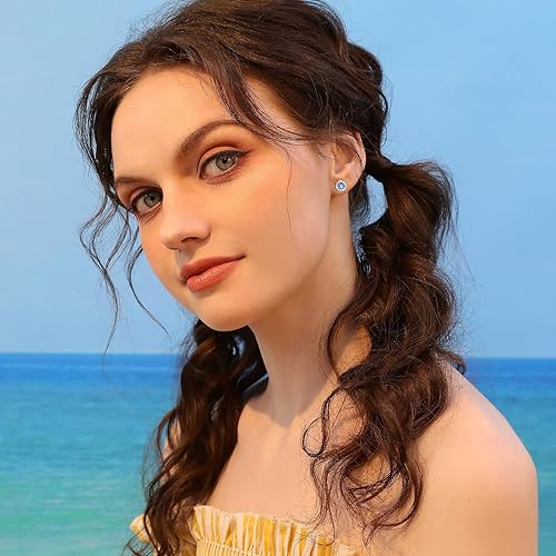 Miniatura 8 de Aretes de ópalo de fuego blanco de 0.177 x 0.177 in, delicados aretes redondos de ópalo con piedra natal de octubre, aretes de ópalo delicados