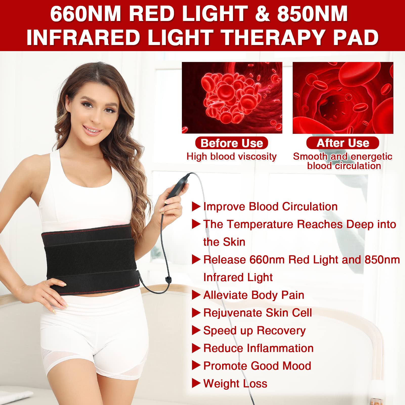 JOBYNA Cinturón Terapia Luz Roja Infrarroja 660nm 850nm para Dolor Cuerpo Espalda
