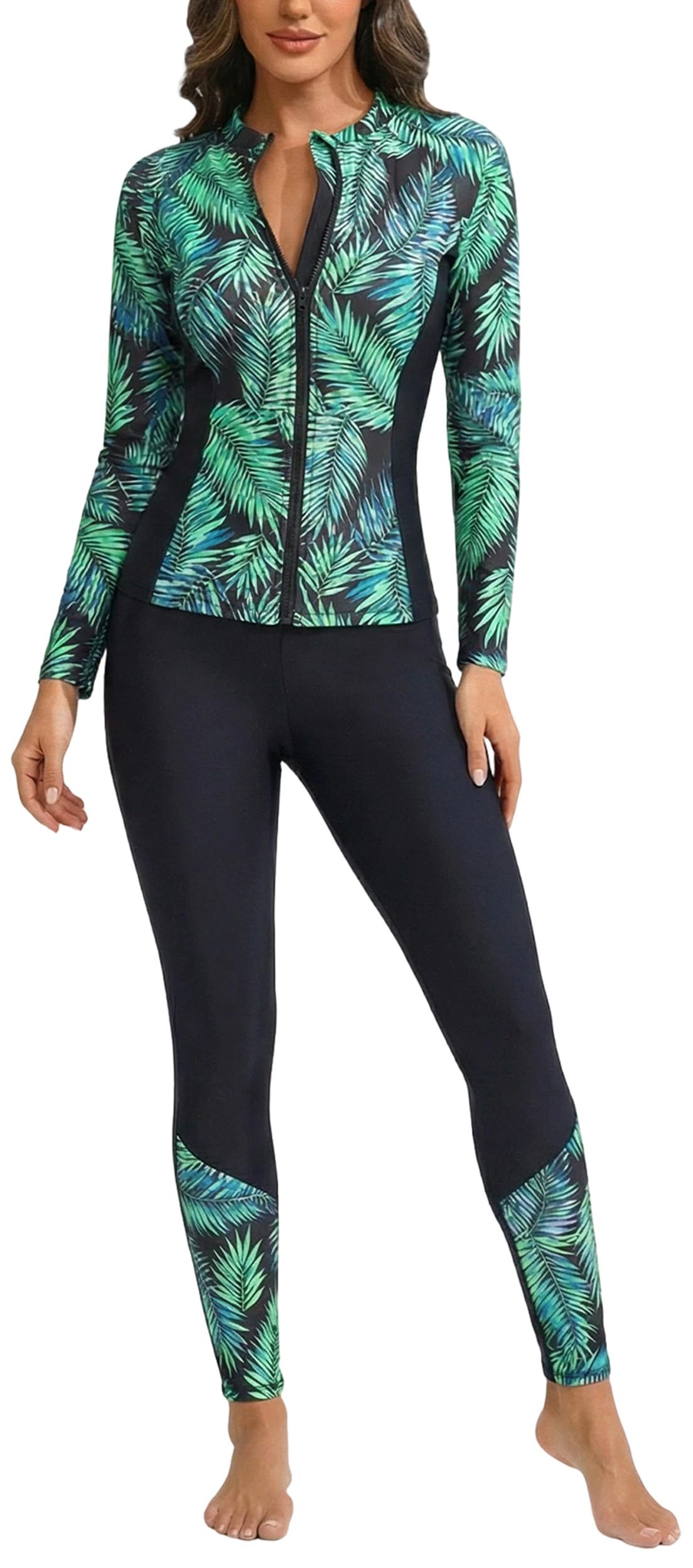 SEAUR Conjunto de traje de baño de 2 piezas para mujer, manga larga, totalmente cubierto, diseño tropical con bañador