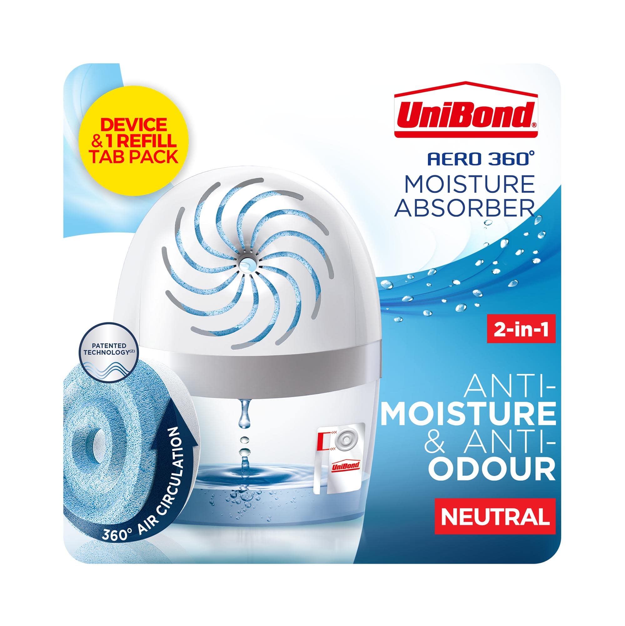 UnibondAERO 360º Moisture Absorber, Ultra-Absorbent Dehumidifier, Helps to Prevent Condensation, Mould & Musty Smells, Refillable Condensation Absorber, 1 Device incl. 1 Refill Tab 450g