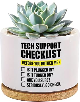 Tech Support Checklist Technical Support Gifts Ceramic Succulent Plant Pot with Bamboo Tray Round IT Support Specialist Home Office Decor Plant Lover 3.5 Inch White No Plants