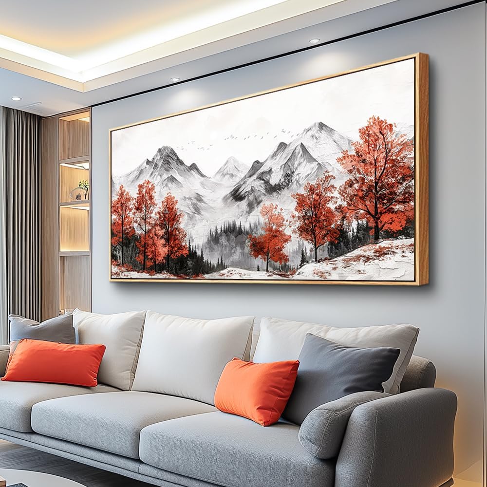 PHAOHUAXM Lienzo decorativo de pared para sala de estar, decoración de pared grande para dormitorio, árbol rojo, tinta, paisaje de montaña, pintura