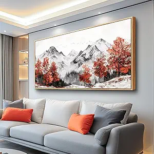 PHAOHUAXM Large Canva Wall Decor For Living Room Wood Framed Wall Art For Bedroom Office Murals Red Tree Ink-Wash Mountain Landscape Painting Pictures Modern Restaurant Room Home Decoration 30"X60"