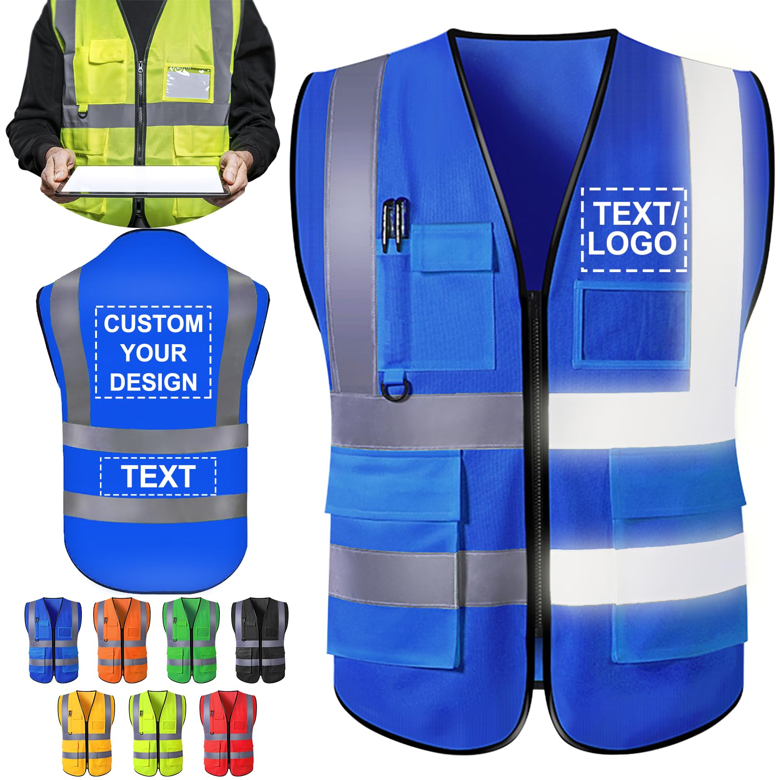 ShAxzHen Custom Safety Vest for Men Woman with Logo Pockets Personalized High Visibility Protective Workwear With Reflective Strip Blue XL