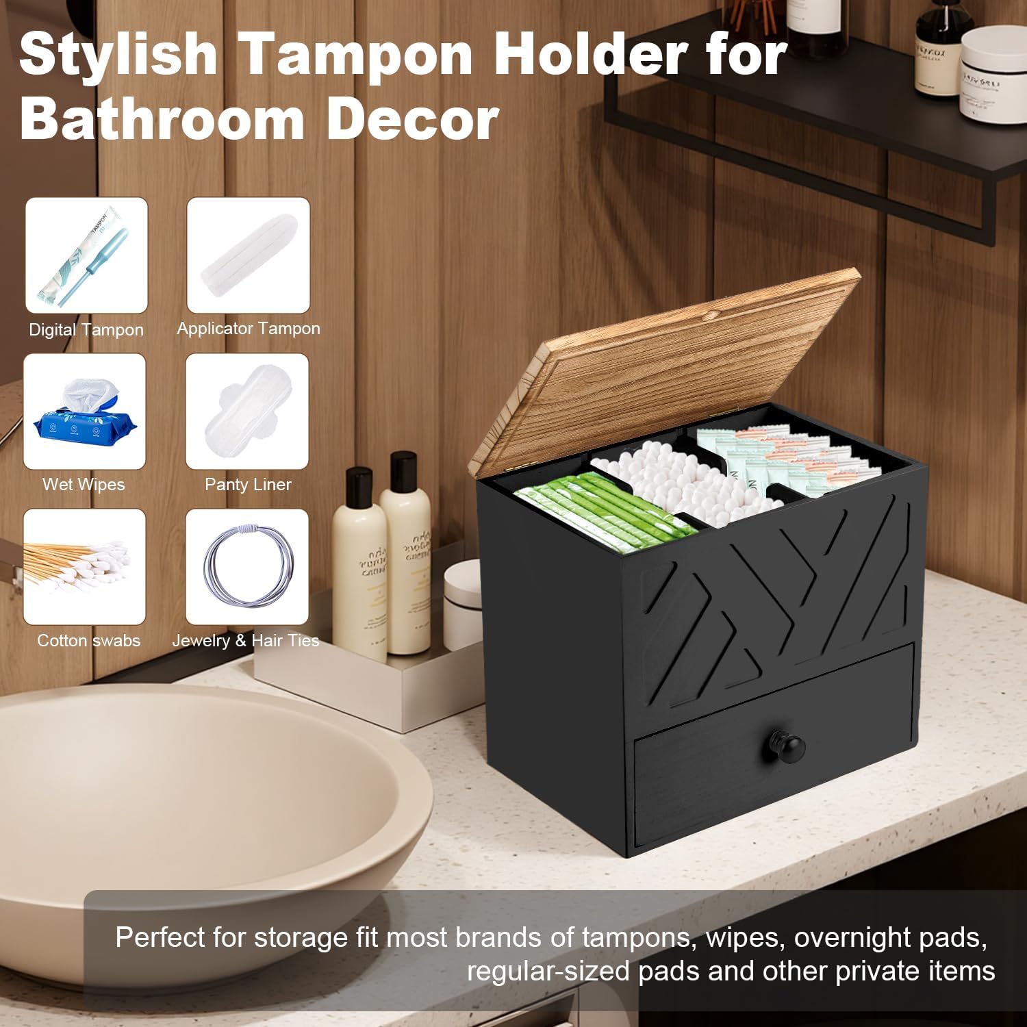 Tampon Holder for Bathroom, Feminine Product Organizer with Lid and Drawer, Wooden Shark Week Pad Storage, Tampon Organizer for Toilet Tank Countertop Decor, Girl Stuff Box Toilet Bathroom Accessories
