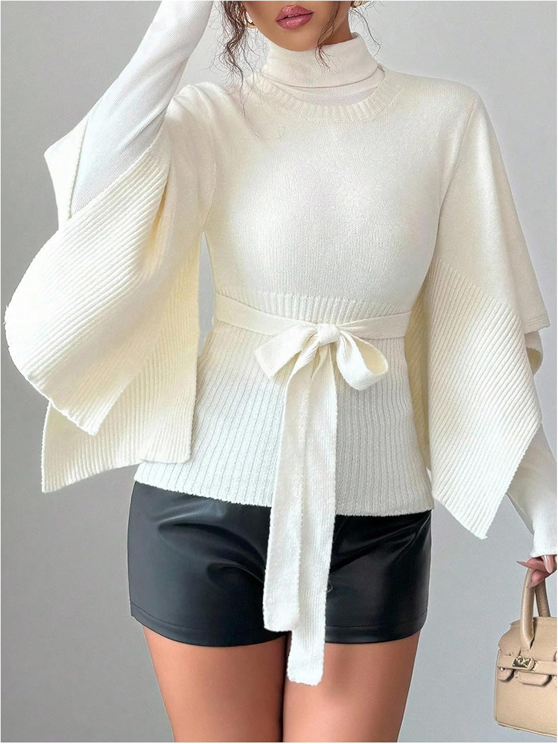 MakeMeChic Women's Winter Business Office Bell Sleeve Sweater Tie Front Crew Neck Rib Knitted Pullover Tops - Image 4