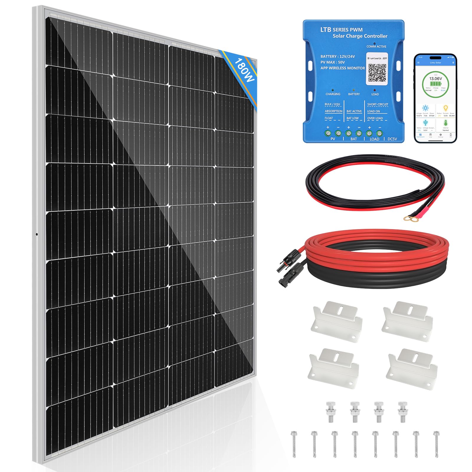 Pannello solare da 180 W, 12 V, pannello solare monocristallino, kit di cella solare: pannello solare da 180 Watt, con regolatore di carica solare Bluetooth da 20 A, cavo solare da 5 m, staffe