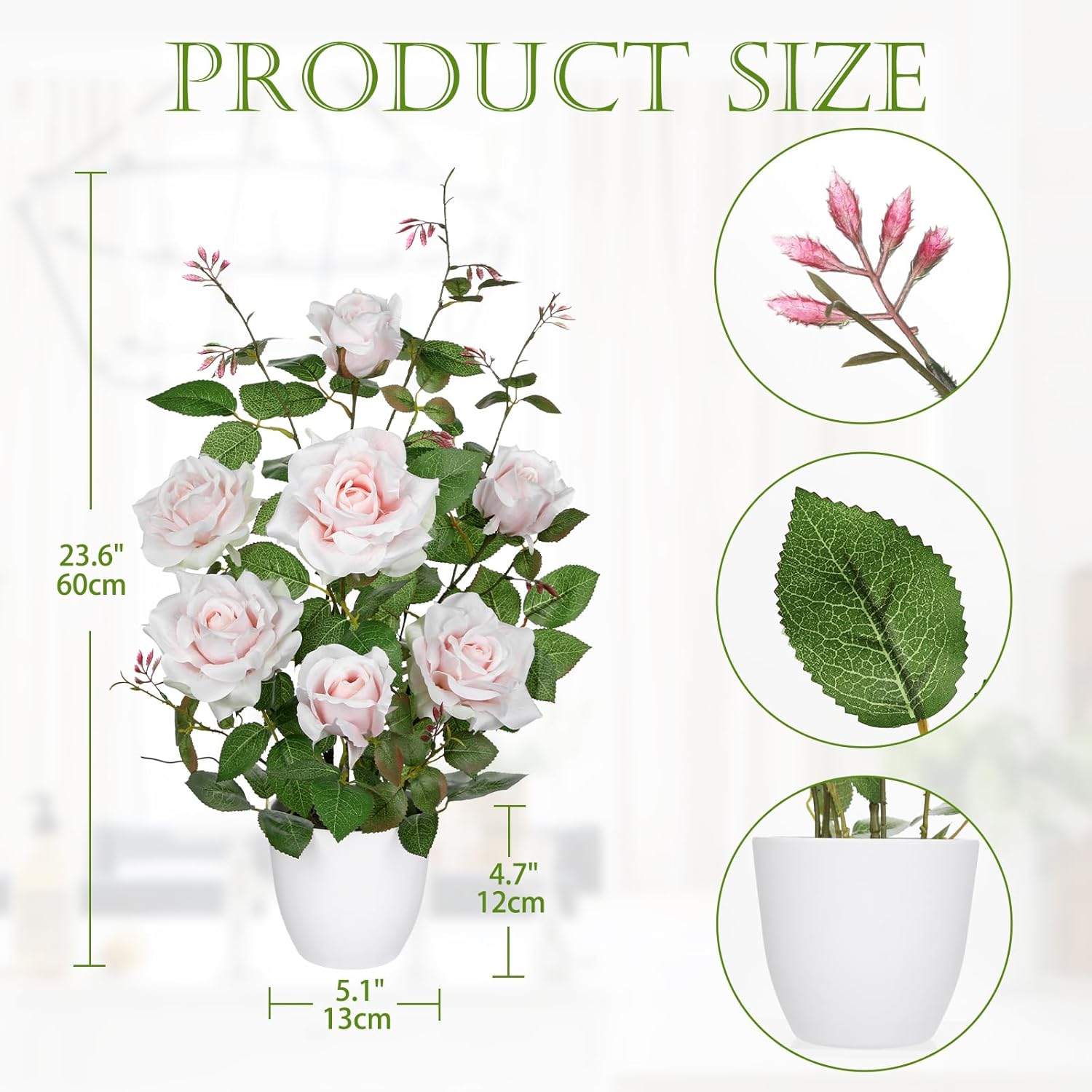 Hollyone Pink Fake Roses Artificial Flowers in Pot 23.6" Small Roses Tree Indoor Outdoor Faux Plants & Flowers Rose Silk Flowers Potted Plant Artificial Rose Floral Arrangement Desk Home Decor - Image 2