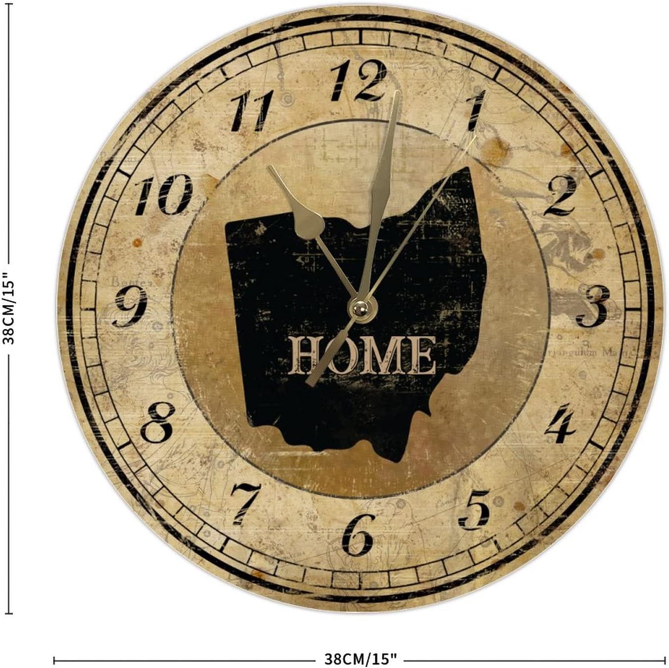 Vintage USA American State Map Art Clock Battery Operated Quartz Silent Wooden Decorative Wall Clocks French Retro American State Home Clock Retro Farmhouse 15inch Round Clock for Home Office School