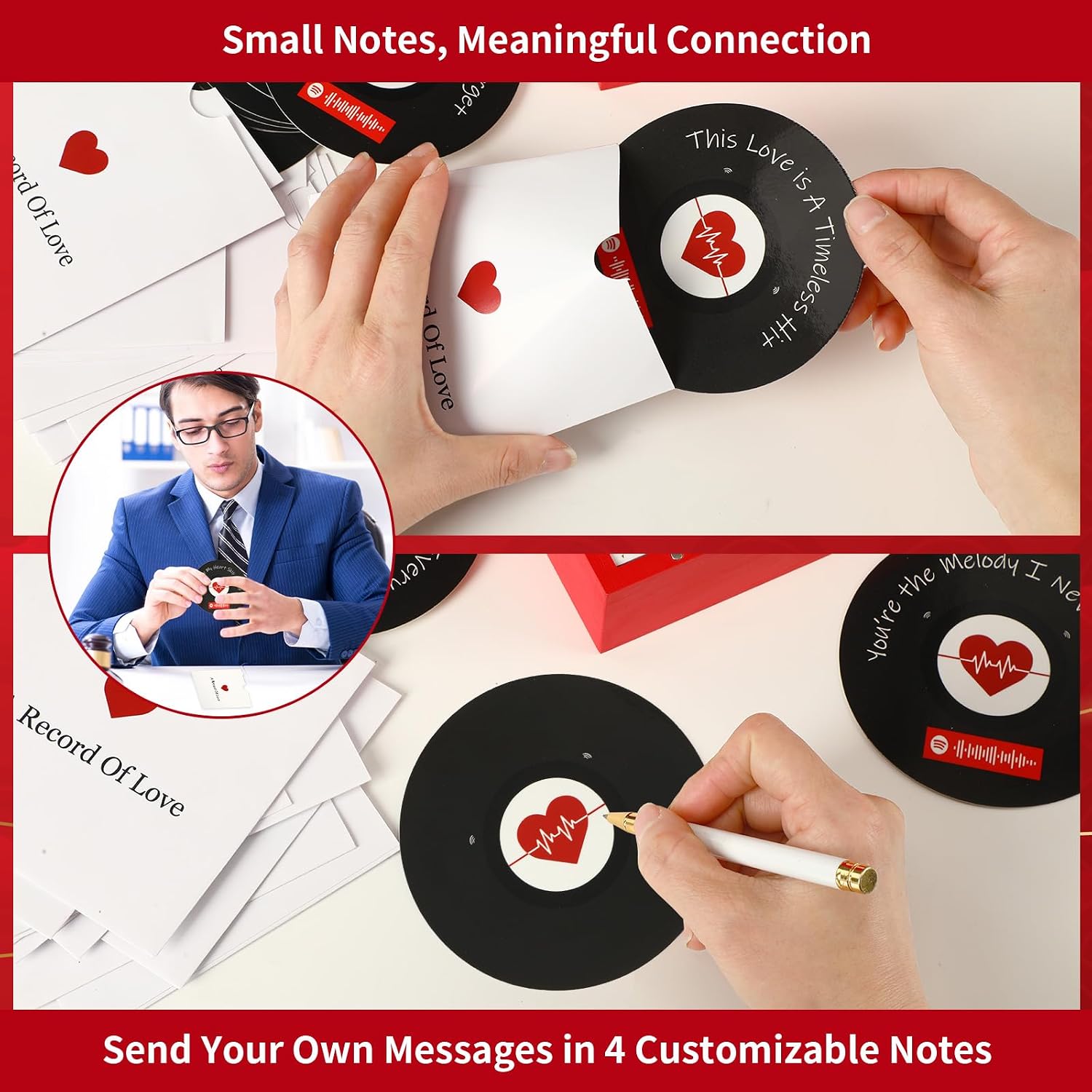 Romantic Wooden Love Note Record Player Box with 14 Vinyl-Style Message Cards & Spotify QR Codes – Gift for Him Her, Valentine’s Day Music Keepsake, Personalized Love Song Gift Box