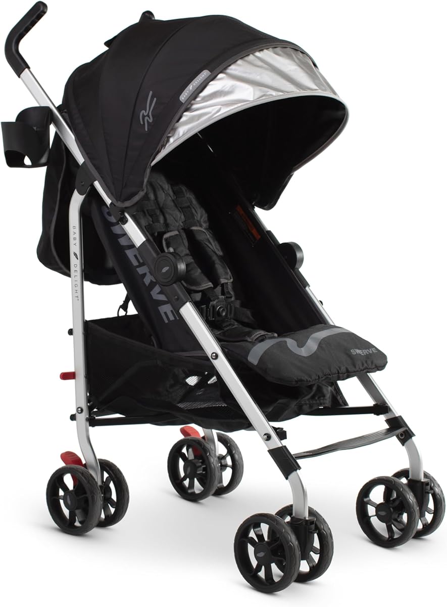 Baby Delight Lightweight Swerve Stroller, Black | For Travel & Everyday, Multi-Position Recline, 5 Point Safety Harness, Removable Canopy, Compact Fold, Extra Storage