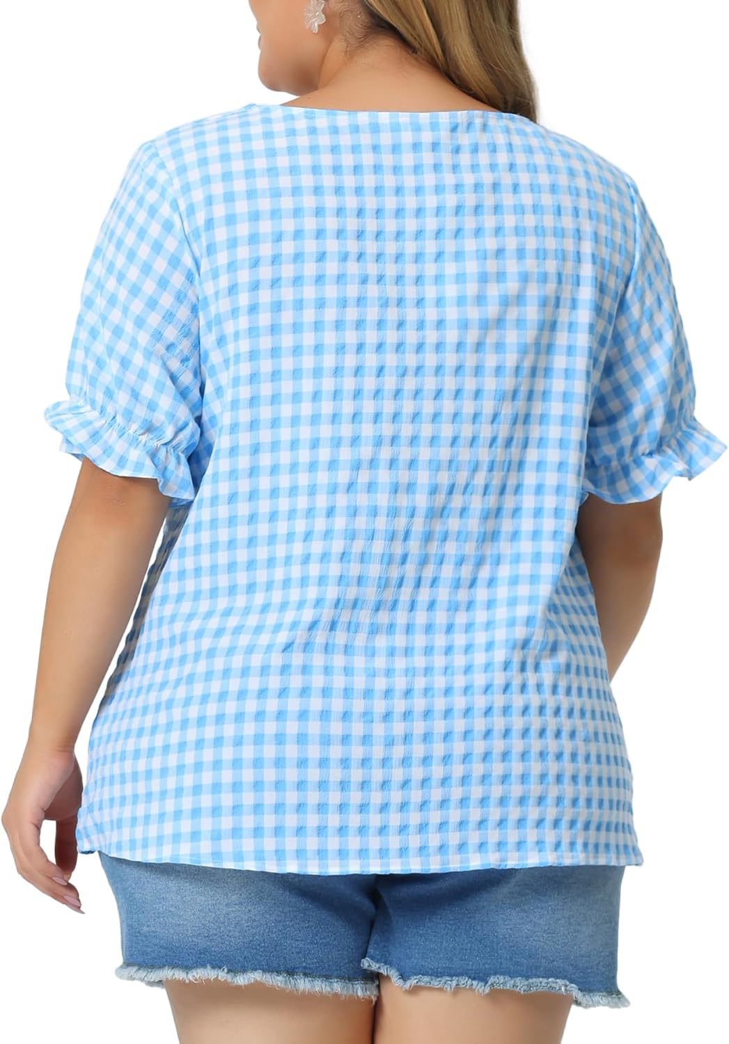 Agnes Orinda Women's Plus Size Gingham Tops 1950s Sweetheart Neck Flounce Sleeve Summer Blouse Top - Image 4