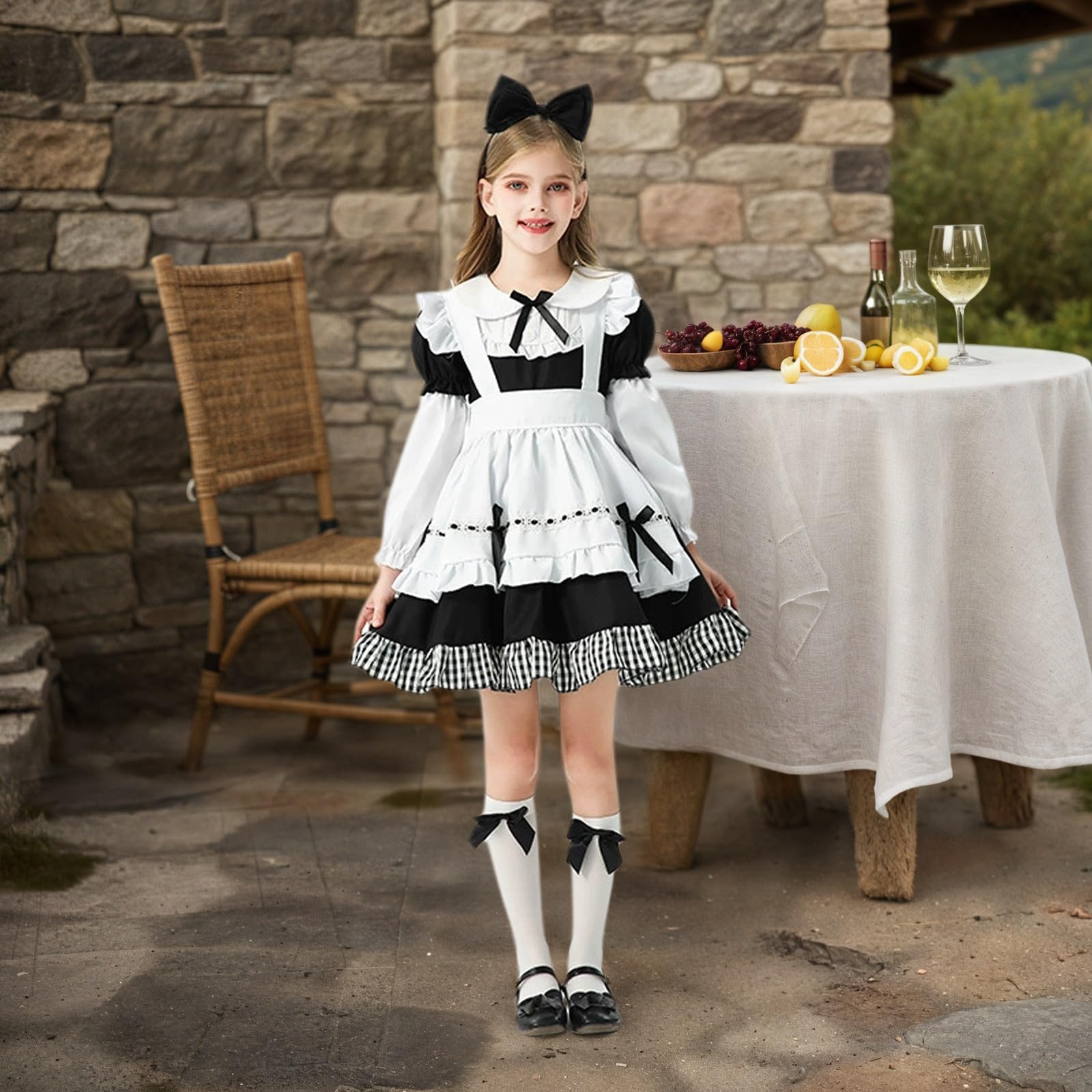 Generico Abito Bambina Gonna Quadretti Maniche Lunghe