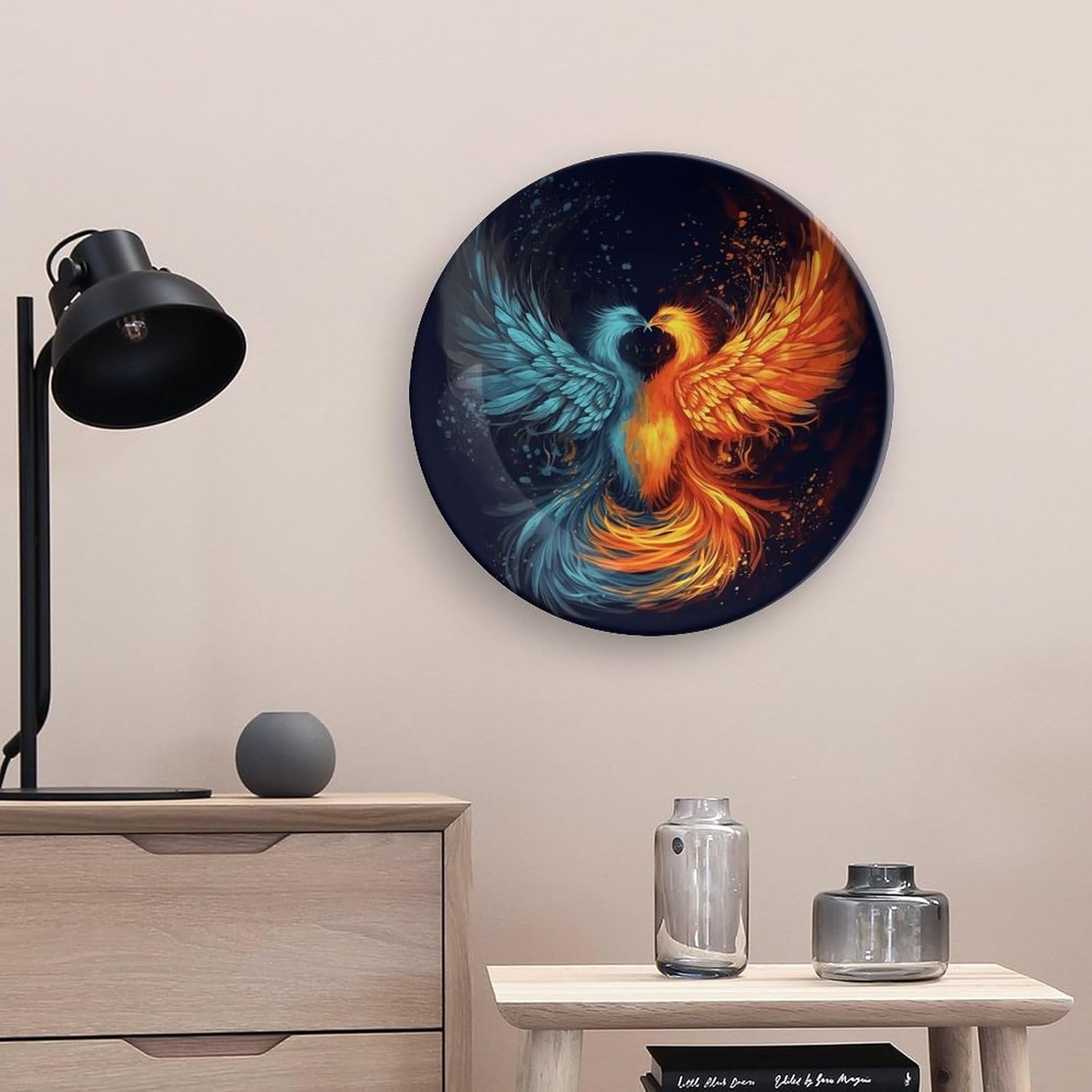 Fire And Water Phoenix Bone China Decorative Plate with Display Stand, Ceramic Ornaments Plate for Wall Hanging, Personalized Porcelain Plates for Office, Living Room 10inch