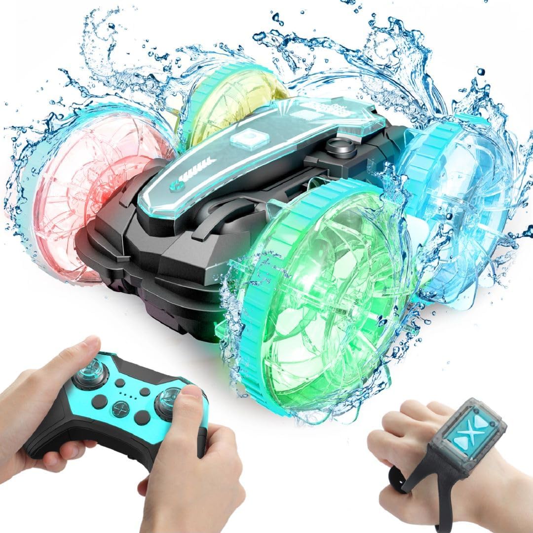 Korffe Remote Control Cars, Amphibious RC Car for 4 5 6 7 8 9 Years Old, 4WD Off-Road Toy Car, Waterproof Stunt Car Toy Vehicle, 360° Rotating Toy Car Perfect Birthday for 8-12 Years Old Kids, Blue