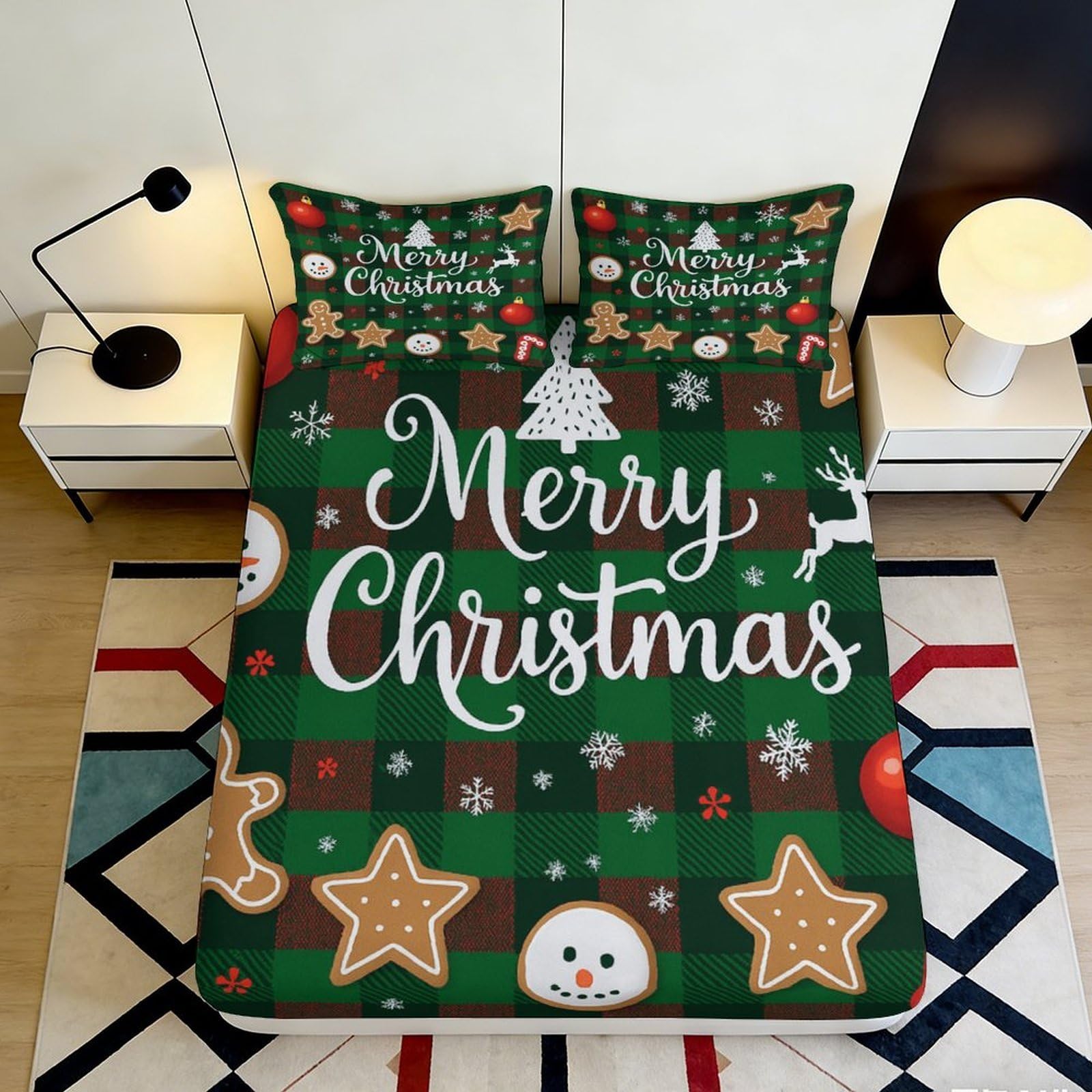3D Printed Merry Christmas Fitted Sheet Microfiber Soft Breathable Snowflake Bed Cover for Bedroom Dormitory Guest Room Mattress Protection Decor 160x200x25cm