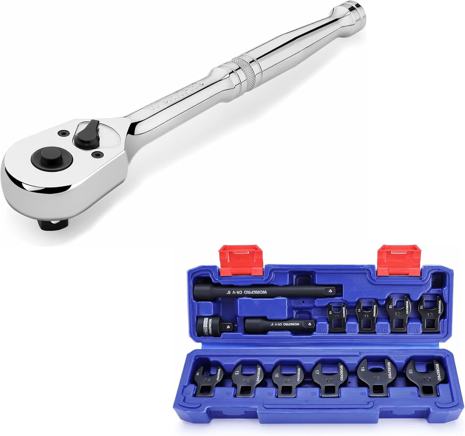 WORKPRO 3/8-Inch Drive Ratchet & 3/8" Drive Crowfoot Wrench Set, 13 Pcs Metric Crows Foot Wrench Set with 2 Extension Bars
