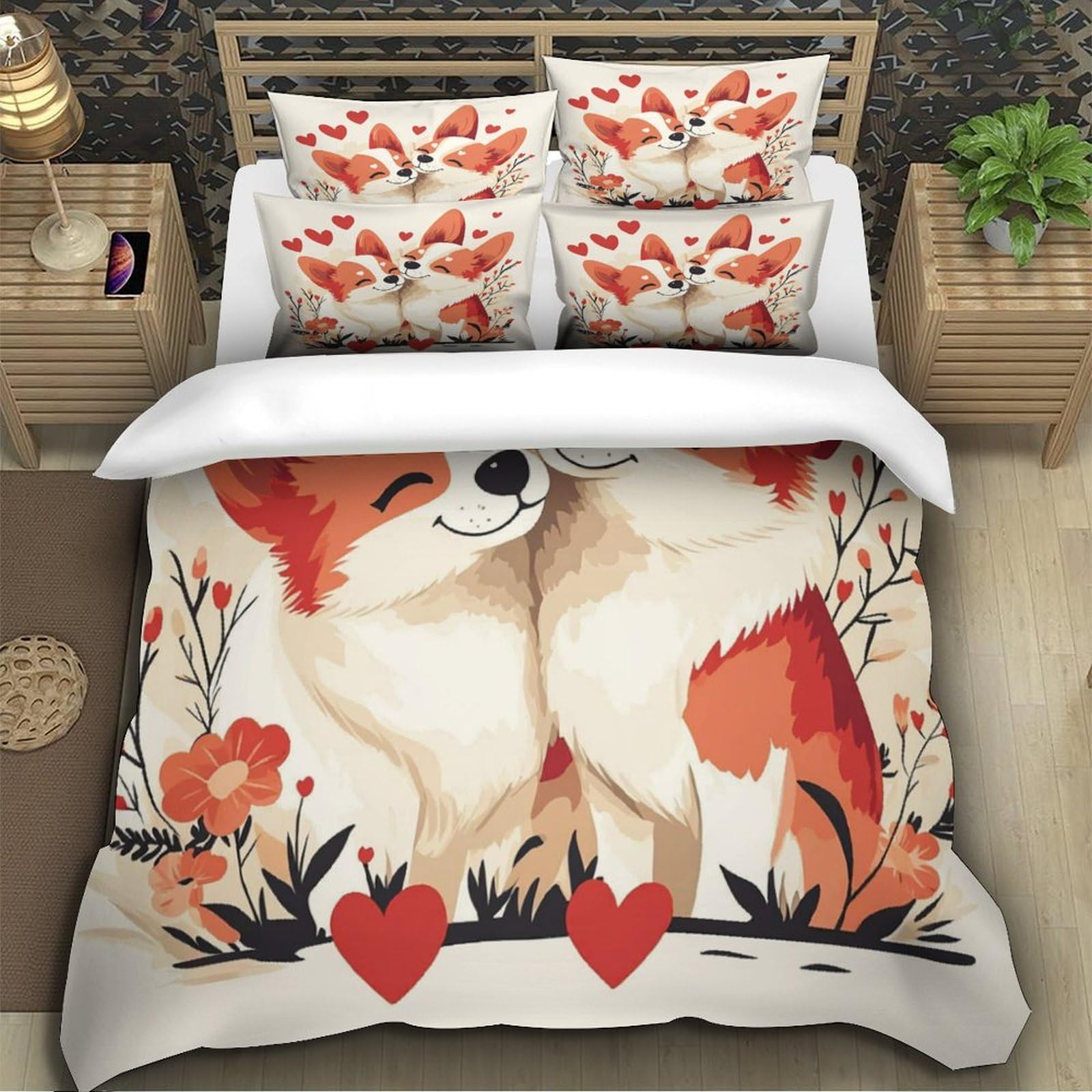 Corgi-Pärchen 3D-Bedruckt 3er-Set Kuschelbezug Romantischer Cartoon-Stil Bettbezug Mikrofaser Staubmilbenfest Hypoallergen für Jungen Mädchen Frauen Super King（260x220cm）
