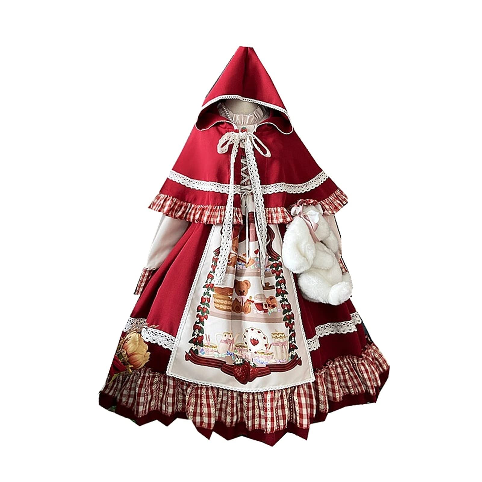 Vestido de fiesta de princesa Sweet Lolita con encaje y lazo de cintura alta, vestido rojo para niña, gótico Lolita Op Cosplay (color: vestido y capa, tamaño: L)