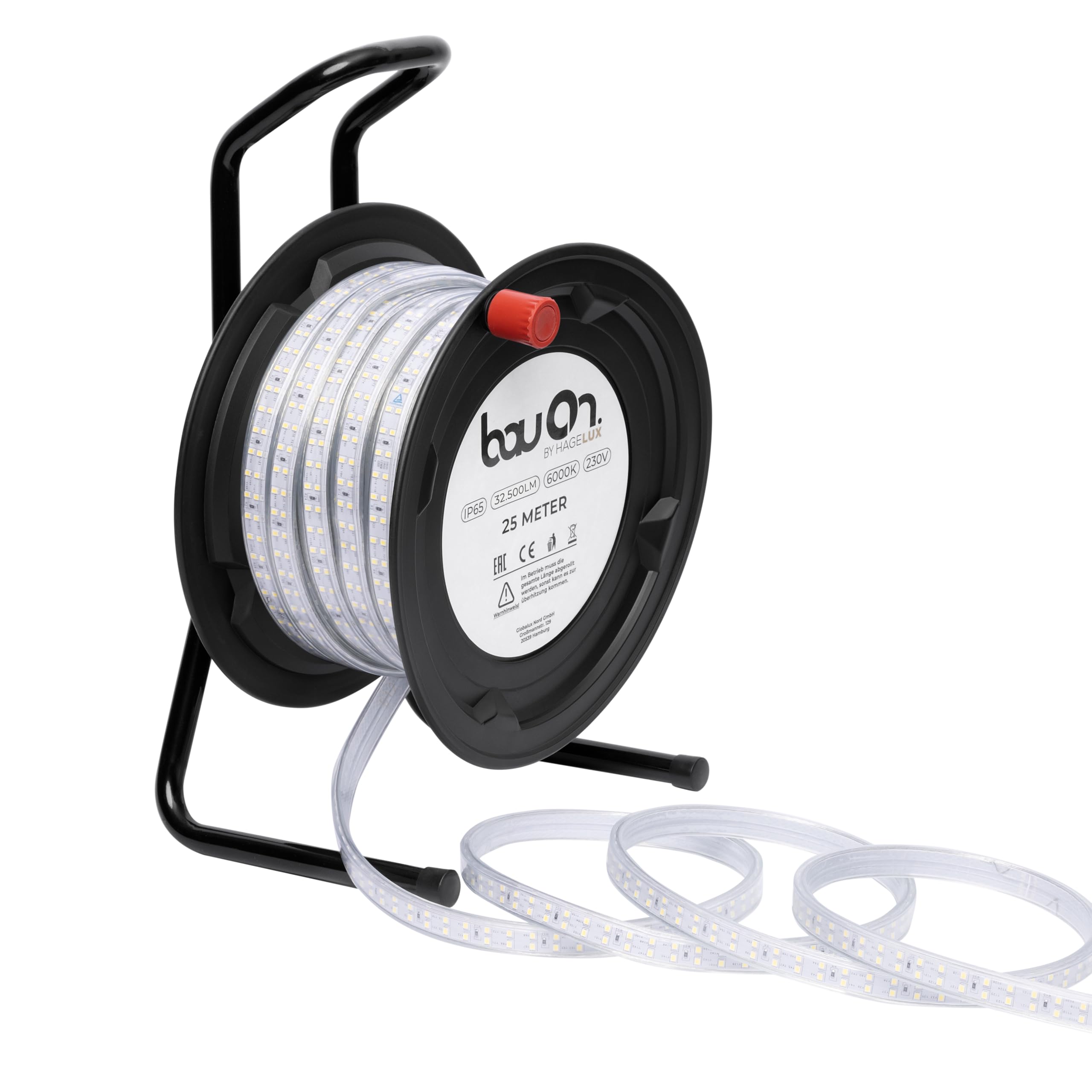 BauOn 25Meter Baustellenbeleuchtung, LED Trommel, 6000k, 32500lm, IP65, 230V, LED Lichtschlauch auf Trommel, robuste Arbeitsleuchte für Baustelle & Werkstatt