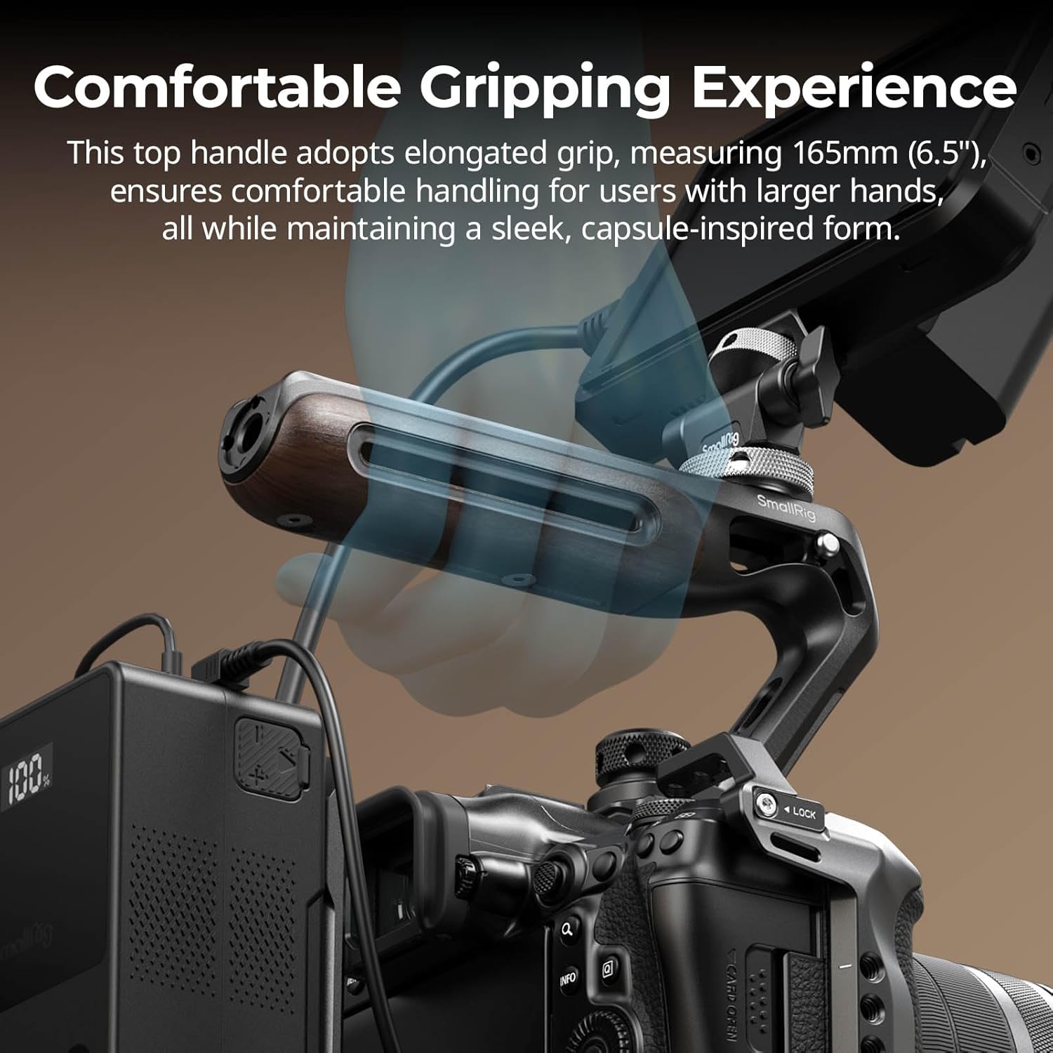 SmallRig Wooden Top Handle with Retractable 1/4''-20 and 3/8''-16 Locating Screw for ARRI, Max Load 15kg / 33.1lb for Universal Camera Cages and Rigs, 2 Cold Shoe Adapters to Mount Accessories- 5252 - Image 3