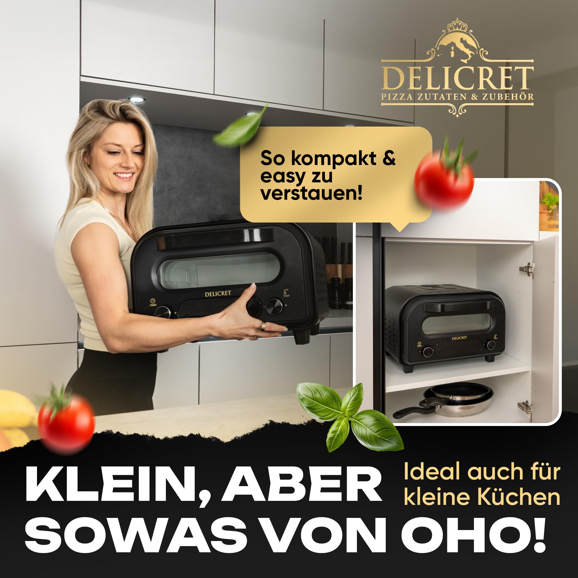 DELICRET elektrischer Pizzaofen 12" - bis zu 450℃ - 1700 Watt - Backraumtemperatur und Steintemperatur getrennt einstellbar