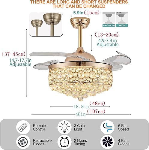 Miniatura 4 de Ventilador de techo de cristal regulable de 48 pulgadas con luces y control remoto, lámpara retráctil invisible para dormitorio, sala de estar,