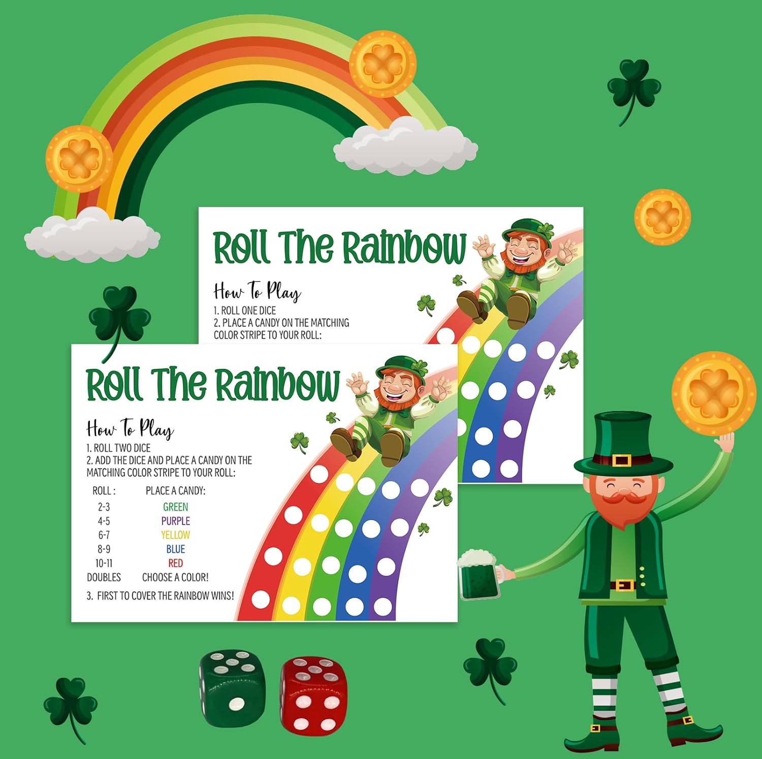 Roll The Rainbow Dice Game for St. Patrick's Day, St Patricks Roll the Dice Game, St Patricks Party Games Supplies, Fun St Patricks Games 25 Game Cards -LMZJ04